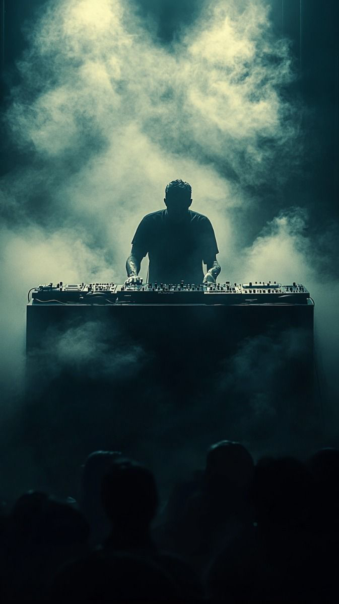 Die Silhouette eines DJs im Bühnennebel